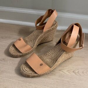 Tory Burch Tan Leather Espadrille Wedges